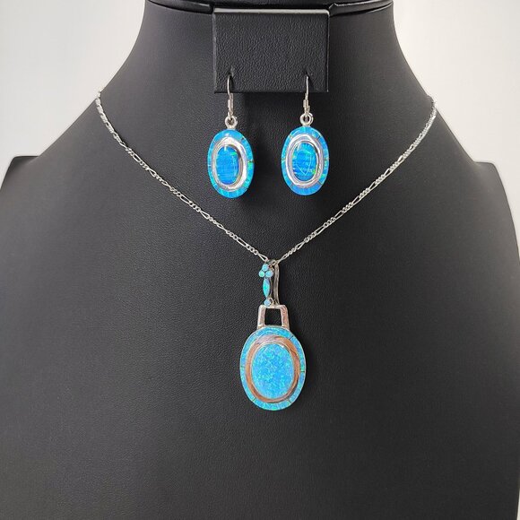 Native American Blue Opal Necklace Earrings Set Oval 925 Sterling Signed MY - Picture 2 of 12